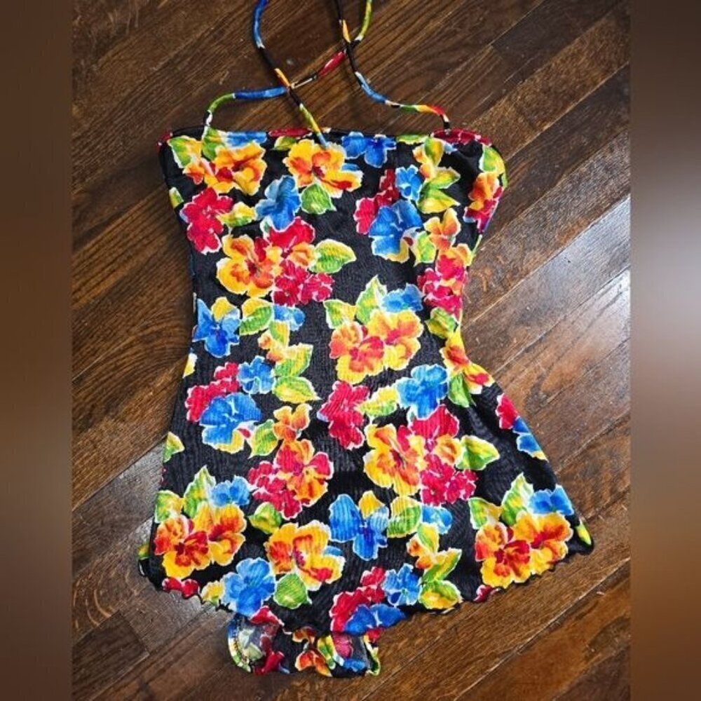 Vintage 70s ILGWU Black Tropical Floral One Piece Skirt Swimsuit - Picture 11 of 11